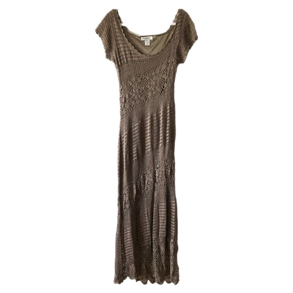 Vintage 90's Newport News Beige Crochet Floral Maxi Dress Women's Size Large